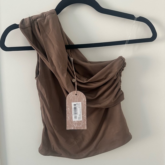 NWT Meshki Solene One Shoulder Recycled Nylon Twist Top - Smoke, Small - Picture 4 of 5